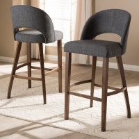 Baxton Studio Melrose-Dark Grey-BS Melrose Mid-Century Modern Dark Grey Fabric Upholstered Walnut Finished Wood Bar Stool (Set of 2)